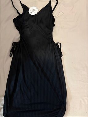 Rainbow Black Ribbed Side-Tie Maxi Dress